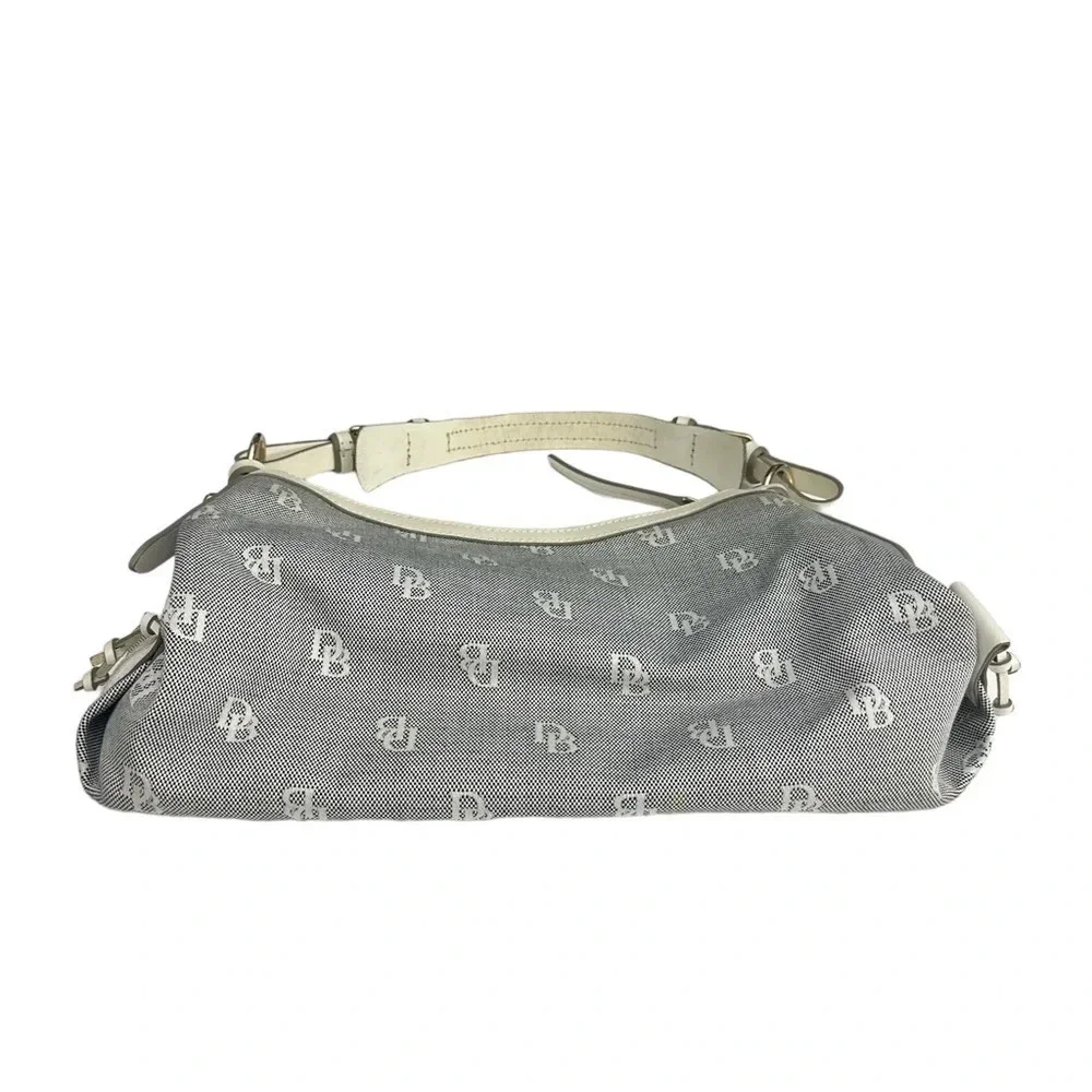 Dooney And Bourke Small East West Slouch Hobo Bag White Leather Gray Canvas
